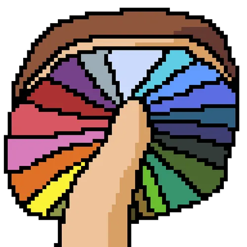 Pixel art mushroom with rainbow-colored gills